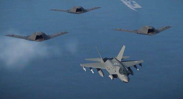 KF-21과 무인기 '가오리'가 복합편대 작전을 수행하는 모습. (사진=방위사업청)