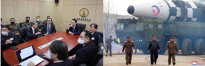 왼쪽 사진은 윤석열 대통령이 2022년 12월 29일 대전 국방과학연구소(ADD)를 방문해 박종승 ADD소장(맨 오른쪽), 김성한 당시 안보실장 등 관계자들과 무기개발 체계 점검회의를 하는 모습. 오른쪽 사진은 2022년 3월 24일 신형 대륙간탄도미사일(ICBM) '화성-17형' 시험발사 현장에서 김정은 국무위원장과 장창하 국방과학원장(김정은의 왼쪽)과 김정식 군수공업부 부부장이 걸어가는 장면. ADD와 국방과학원은 맞대결하고 있다./조선중앙통신-연합뉴스