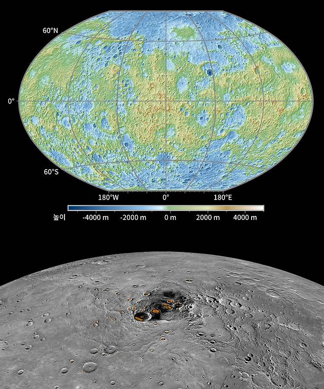 그림 3. 수성 궤도선 메신저호의 주요 관측 결과. 위: 수성 표면의 높낮이를 나타내는 수성 지도. 지각변동으로 인한 수km 높이의 단층 절벽을 볼 수 있다. 아래: 수성 북극 근처의 충돌서의 영구 그늘 지역에 존재하는 얼음을 주황색으로 표시했다. 원본 그림 출처: NASA