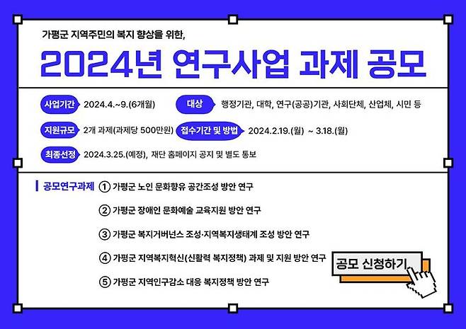 2024년 연구사업 과제 공모 안내. (사진=가평군복지재단 제공) *재판매 및 DB 금지 *재판매 및 DB 금지