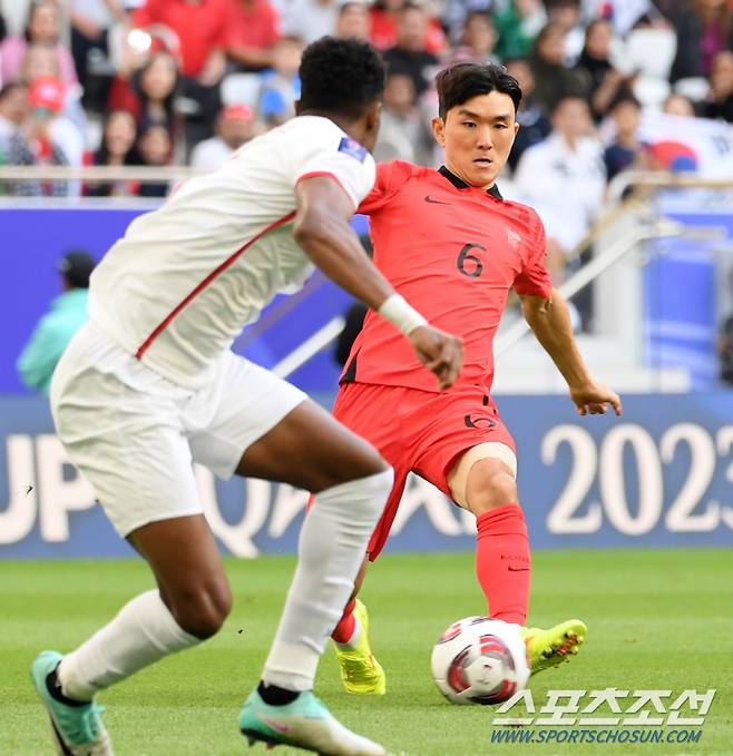 20일(현지시간) 카타르 도하 알투마마 스타디움에서 열린 2023 아시아축구연맹(AFC) 카타르 아시안컵 대한민국과 요르단의 경기. 황인범이 패스르 시도하고 있다. 도하(카타르)=박재만 기자 pjm@sportschosun.com/2023.01.20/