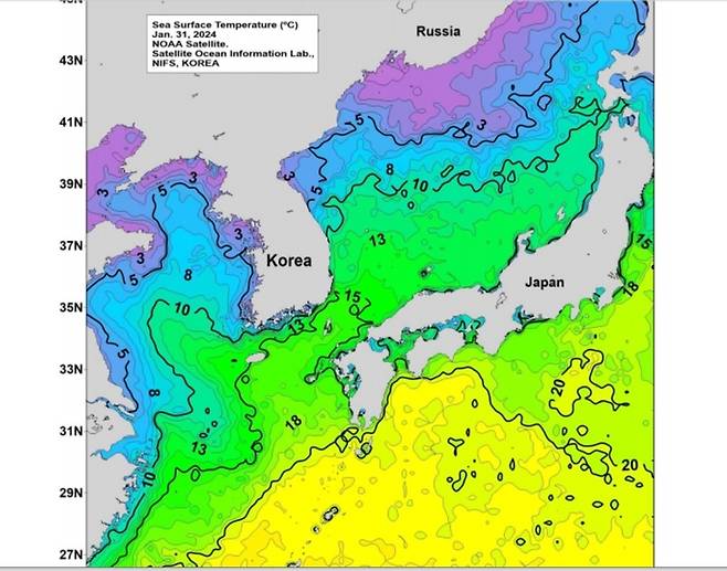노아위성이 1월 31일 관측한 한국 근해 수온
