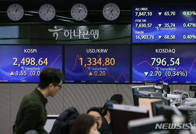 [서울=뉴시스] 고승민 기자 = 1일 서울 중구 하나은행 딜링룸에서 딜러들이 업무를 보고 있다. 2024.02.01. kkssmm99@newsis.com