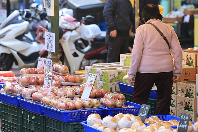 2일 오후 서울 용산용문시장 한 과일가게에서 시민이 과일류를 살피고 있다. 이날 통계청이 발표한 ‘1월 소비자물가 동향’을 보면 지난달 사과와 배 물가는 전년 동월 대비 56.8%, 41.2% 올랐다. 연합뉴스