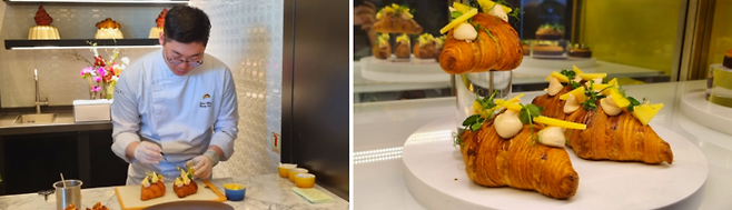 김용호 셰프가 엘레강스 파리 크루아상에 금장식을 올리고 있다/ 사진=김혜성 여행+ 기자