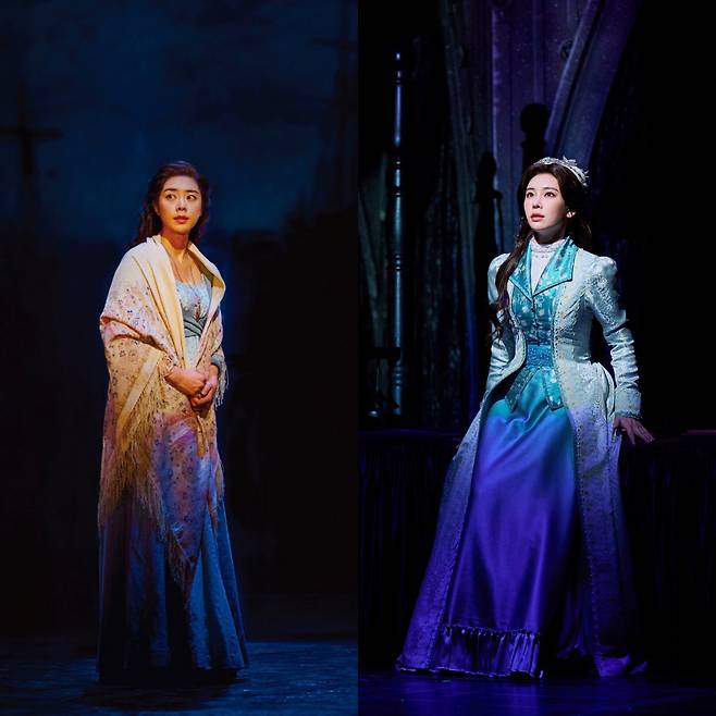 ‘레미제라블’ 판틴 역 조정은(왼쪽)과 ‘드라큘라’ 미나 역 정선아 [(주)레미제라블코리아, 오디컴퍼니 제공]