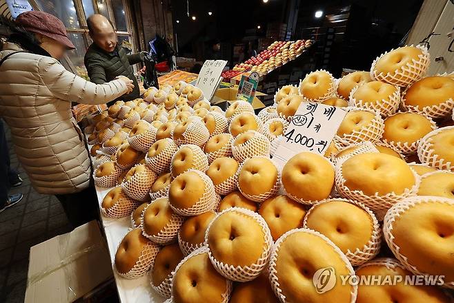 크게 오른 과일, 얼마 후면 설인데 어쩌나... (서울=연합뉴스) 김주형 기자 = 21일 서울 시내 한 재래시장에서 시민들이 과일을 살펴보고 있다.
    같은 날 한국농수산식품유통공사(aT) 농산물유통정보에 따르면 농산물 성수품 중 사과, 배 도매가격(도매시장 내 상회의 판매가)은 1년 전과 비교해 크게 올랐다. 설 연휴 3주 전인 지난 19일 기준 사과(후지·상품) 도매가격은 10㎏에 8만8천880원으로 1년 전, 평년과 비교해 각각 95.9%, 79.4% 비싸다. 배(신고·상품)는 15㎏에 7만7천740원으로 1년 전보다 66.2% 올랐고 평년보다 46.0% 비싼 것으로 나타났다. 2024.1.21 kjhpress@yna.co.kr