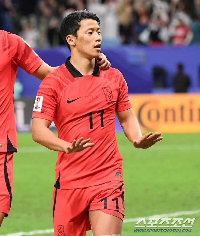 2일(현지시간) 카타르 알와크라 알자누브 스타디움에서 열린 2023 아시아축구연맹(AFC) 카타르 아시안컵 8강전 대한민국과 호주의 경기. 황희찬이 페널티킥으로 동점골을 만든 뒤 환호하고 있다. 알와크라(카타르)=박재만 기자pjm@sportschosun.com/2023.02.02/