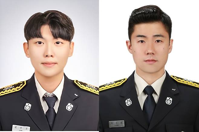 지난달 31일 경북 문경 육가공 제조 공장 화재 현장에서 순직한 문경소방서 119구조구급센터 소속 故 김수광(27) 소방장(왼쪽)과 故 박수훈(35) 소방교의 모습. 경북도소방본부는 유족과 협의해 고인들의 사진을 2일 공개했다.[사진제공=연합뉴스]