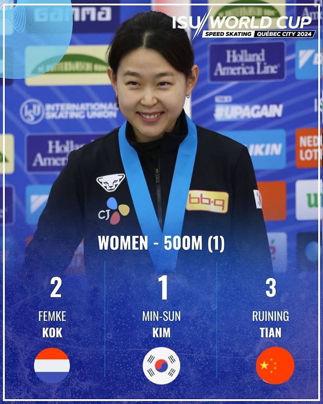 4일 2023~24 ISU 스피드스케이팅 월드컵 6차 대회 500m 1차 레이스에서 1위를 차지한 김민선. 사진=ISU SNS