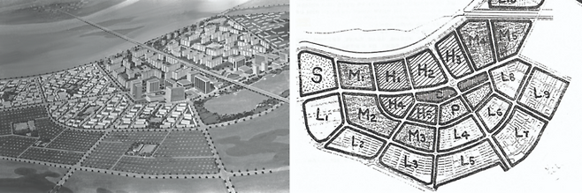 1974년 서울시가 발표한 잠실지구 종합개발 기본계획 조감도(왼쪽). 오른쪽은 잠실지구 내 토지이용계획. [서울역사아카이브·서울시]