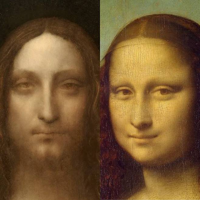 레오나르도 다빈치의 두 작품 얼굴 부분 확대. 살바토르 문디(왼쪽), 모나리자(오른쪽).(부분확대) [크리스티·루브르 박물관]