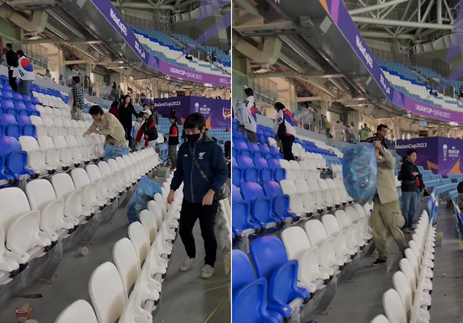 2023 아시아축구연맹(AFC) 카타르 아시안컵 8강전 경기가 끝난 후 축구팬들이 관중석에 떨어진 쓰레기를 줍고 있는 모습. 사진=엑스(@AlkassTVSports) 캡처