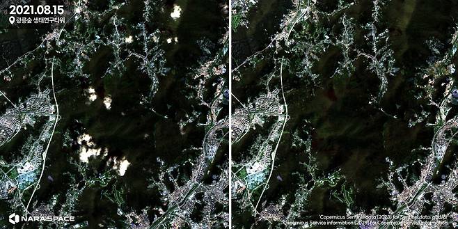 두 위성 영상 모두 2021년 8월 15일 유럽우주국(ESA)가 운영하는 센티널l-2 위성을 통해 촬영됐다. 오른쪽 영상의 경우 나라스페이스의 이미지 퓨전(Image Fusion) 알고리즘을 적용해 구름과 그림자로 생겨난 결측 영역을 처리한 것이다. /ESA 나라스페이스