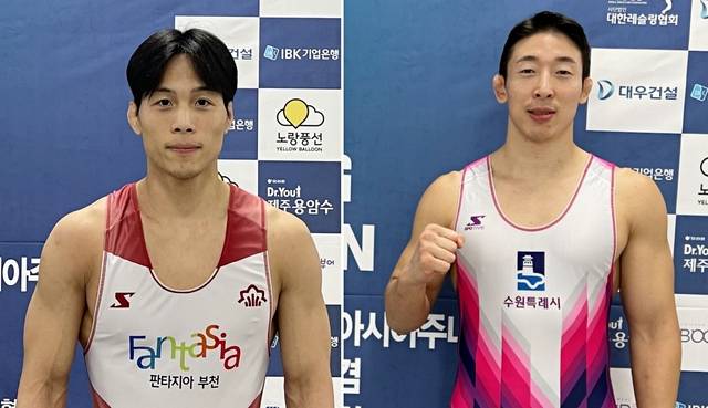 레슬링 국가대표 선발전 남자 그레코로만형 63㎏급 우승자 정도경(왼쪽)과 자유형 86㎏급 1위 김관욱.부천·수원시청 제공