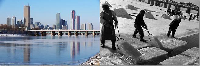 Contrasting scenes of the Han River in Seoul, seen through two photos taken in 2021 (left) and 1957 (The Korea Herald/ National Archives of Korea)