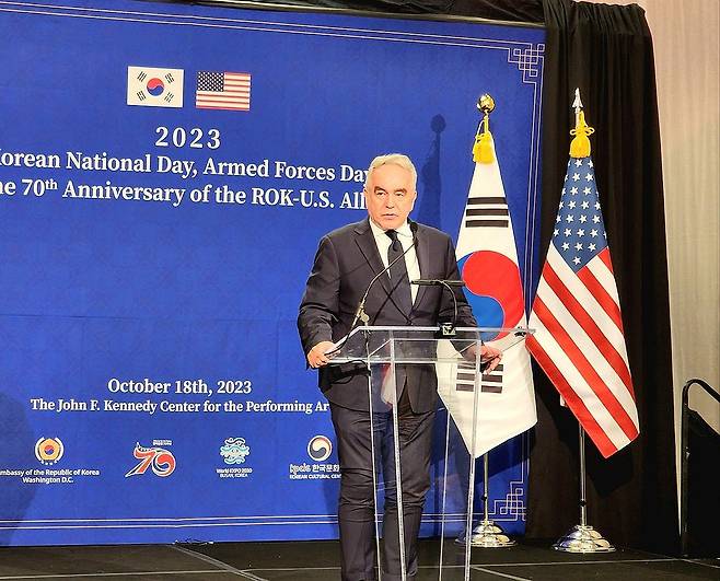 한국 국경절 행사에서 축사하는 캠벨 NSC 조정관 [연합뉴스 자료사진]