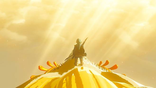 '젤다의 전설: 티어스 오브 더 킹덤'에서 '백룡' 위에 올라탄 주인공 '링크'의 모습.