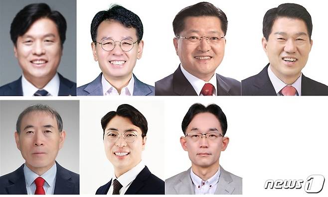 윗줄 왼쪽부터 더불어민주당 조승래·오광영, 국민의힘 진동규·윤소식, 아랫줄 왼쪽부터 국민의힘 박상군, 진보당 김선재, 무소속 왕현민. /뉴스1