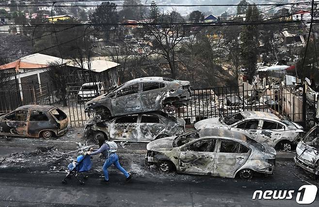 4일 (현지시간) 산불이 덮쳐 '역대급 참사'가 발생한 칠레 발파라이소주 비냐델마르에서 불에 탄 채 방치된 차량들이 보인다. 2024.2.5 ⓒ AFP=뉴스1 ⓒ News1 우동명 기자