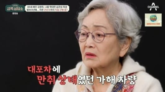 무면허 음주운전 차량에 치여 하반신 장애를 얻은 손자를 8년째 간호 중인 배우 김영옥(88)씨의 사연이 전해졌다. / 사진=채널A 방송화면 캡처