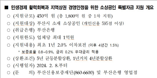 부산지역 소상공인 특별자금 지원 개요. 부산시청 제공