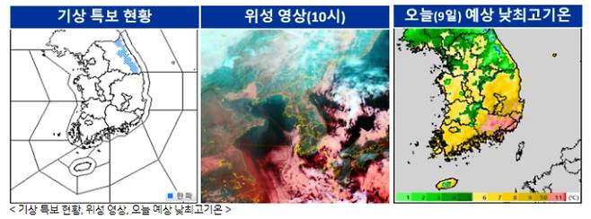 ⓒ기상청: 오늘(9일) 기상특보 및 위성영상, 낮 최고기온 전국날씨