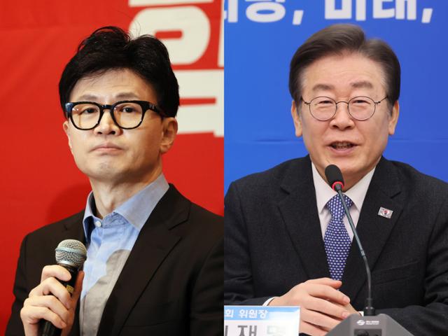 한동훈(왼쪽 사진) 국민의힘 비상대책위원장과 이재명 더불어민주당 대표. 연합뉴스