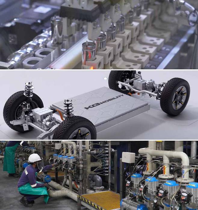 LG에너지솔루션 오창공장 소형전지 조립 라인(맨 위쪽 사진)과, 토레스EVX에 장착된 비야디의 LFP 배터리(가운데), 폐배터리에서 흑연을 추출 중인 SK에코플랜트 싱가포르 테스(TES) 공장. LG에너지솔루션·KG모빌리티·SK에코플랜트 제공