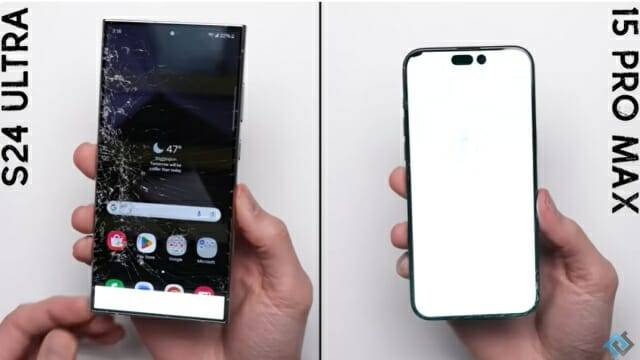 마지막 테스트에서 아이폰15 프로 맥스의 디스플레이가 고장나 작동하지 않는 반면 갤S24 울트라는 여전히 작동하는 모습을 보였다. (사진=폰버프 유튜브@PhoneBuff)