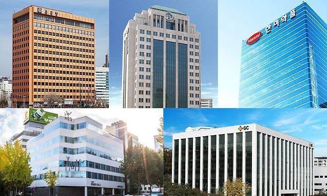 (왼쪽 위부터) 종근당, 유한양행, 한미약품, 대웅제약, GC녹십자 본사 전경 ⓒ각 사