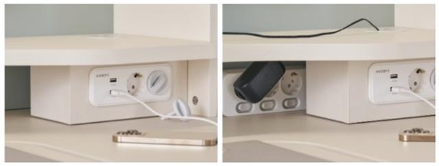 한샘 조이S2 책상에 위치한 콘센트의 모습. 책상 오른편에 충전기 등을 언제든 꽂기 편하게 위치해 있다. 그 뒤로는 멀티탭을 보관해 상시 전력을 공급할 수 있는 공간도 마련돼 있다. 한샘 제공