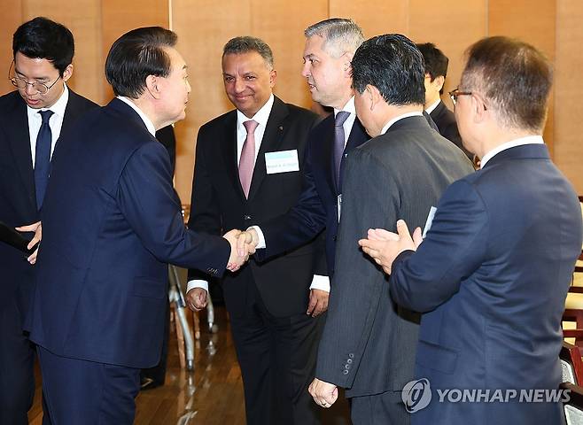 윤석열 대통령, 외국인 투자기업 오찬 간담회 참석자와 인사 (서울=연합뉴스) 홍해인 기자 = 윤석열 대통령이 14일 서울 중구 대한상공회의소 챔버라운지에서 외국인 투자기업 대표들과 연 오찬 간담회에서 참석자와 인사하고 있다. 2024.2.14 [대통령실통신사진기자단] hihong@yna.co.kr