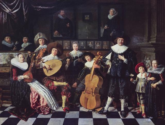 얀 미엔스 몰레나르(1610~1668)의 가족 초상화, 캔버스에 유화, 62.3x81.3cm, 네덜란드 프란스 할스 박물관 소장. 화가 얀 미엔스 몰레나르는 자신의 형제, 이복형제, 자매들과 함께 악기를 연주하는 가족 초상화를 남겼다.