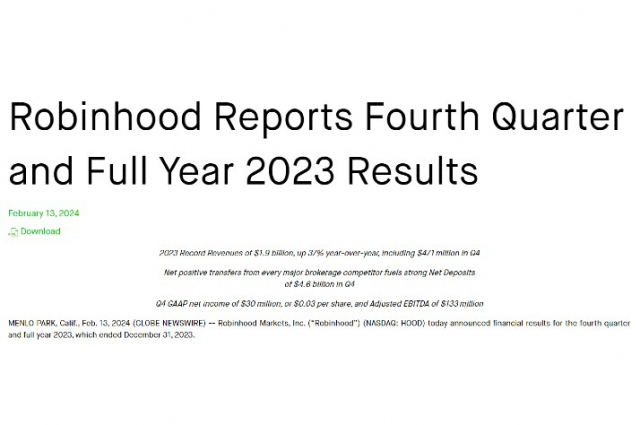 지난 13일 로빈후드가 발간한 2023년 4분기 실적 보고서. / 출처=Robinhood