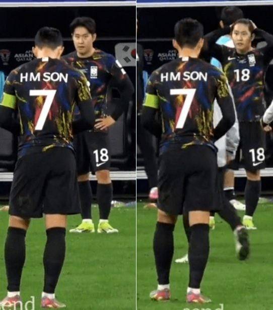 지난 7일 한국이 요르단과의 카타르 아시안컵 4강전에서 패배한 뒤 손흥민, 이강인 모습. /엑스