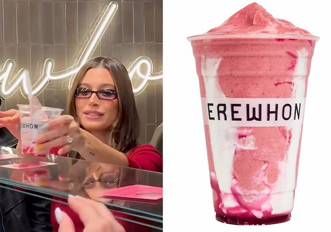 헤일리비버가 에레혼의 '스트로베리 글레이즈 스킨 스무디'를 제조하는 모습. [에레혼 인스타그램]