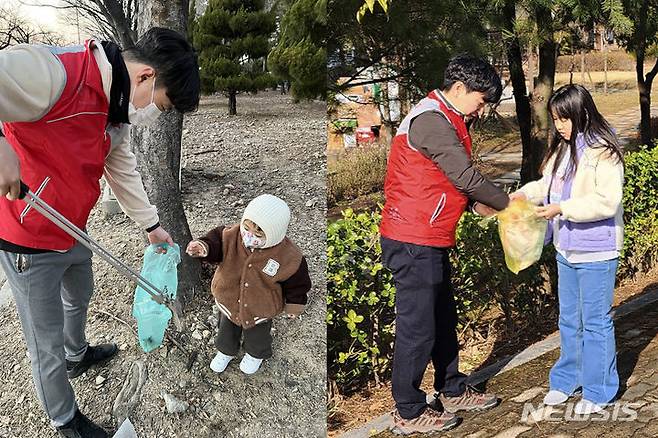 [창원=뉴시스]BNK경남은행 직원 가족 자원봉사 활동 모습.(사진=BNK경남은행 제공)