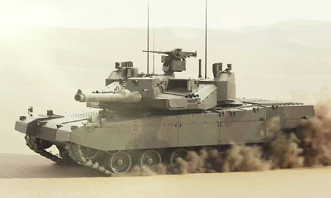 중동 지역 등에 수출을 고려해서 제안되는 K2 성능개량형 전차 상상도. 미사일 공격 등을 저지할 장비가 탑재된다. 현대로템 제공