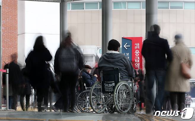 정부의 의과대학 정원 확대에 반발하는 전공의들의 사직이 이어지면서 ‘의료대란’ 우려가 현실화하고 있다. 19일 서울의 한 대학병원 앞에 휠체어를 탄 환자가 우두커니 멈춰 있다. 2024.2.19/뉴스1 ⓒ News1 이승배 기자