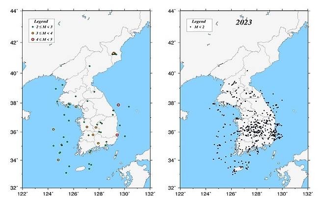 2023년 지진 발생 분포도. 왼쪽은 규모 2.0 이상, 오른쪽은 규모 2.0 미만. 기상청 제공