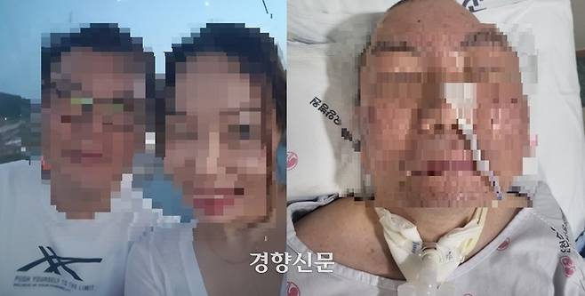 코로나 확진 전 전모씨(51)과 남편 A씨의 모습(왼쪽사진)과 코로나 확진 뒤 식물인간 판정을 받은 A씨의 모습(오른쪽 사진) 본인 제공.