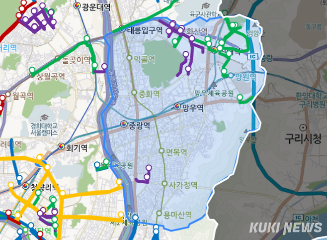 서울 중랑구 자전거도로 지도. 파란색으로 색칠된 구역이 중랑구, 색칠된 굵은 선이 자전거도로다. 사진=채예빈 쿠키청년기자