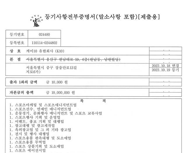 국가대표 축구선수 이강인(파리 생제르맹)이 국내 활동을 대행하던 에이전시 A사와 법적분쟁 중임을 알린 가운데, 이강인의 새 국내 에이전시로 올해 1월 선임된 'K10 유한회사'가 이강인 부모와 누나 등이 세운 가족법인인 것으로 확인됐다./사진= 법원 상업등기 캡쳐