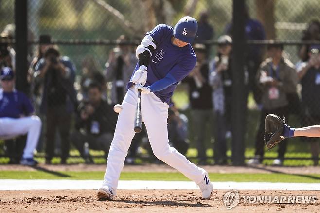 라이브 배팅하는 오타니 (글렌데일 AP=연합뉴스) 오타니가  20일(한국시간) 다저스 스프링캠프가 진행 중인 미국 애리조나주 글렌데일의 캐멀백 랜치에서 라이브 배팅을 하고 있다.