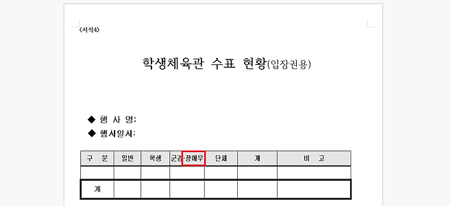 서울시교육청 산하 ‘서울특별시교육청학생체육관’ 문서 양식에 장애우가 적힌 모습. 서울특별시교육청학생체육관 캡처