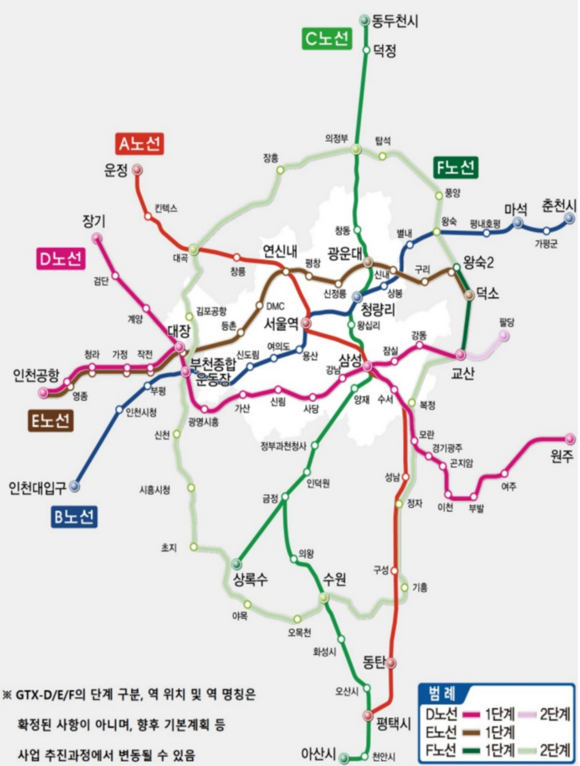 국토교통부와 경기도·충청남도 등 8개 지자체가 22일 GTX-A·C 연장 사업 관련 상생 협약을 체결했다. GTX 노선도. /국토교통부 제공