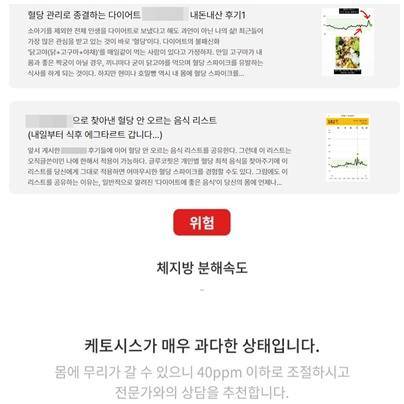 연속혈당측정기를 이용한 다이어트 성공 후기(위). 케톤호흡측정기를 통해 높은 케톤 수치를 확인한 사례(아래). 의료기기 온라인 판매 사이트 홈페이지 캡처