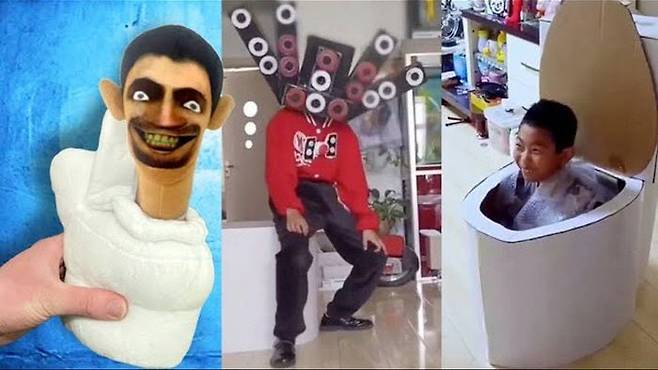 ‘스키비디 토일렛’ 인형(왼쪽)과 아이들이 영상 속 캐릭터를 따라하는 인터넷 밈./유튜브