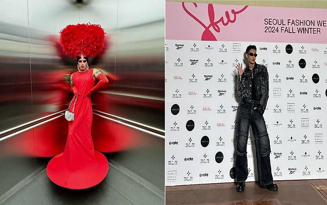 '서울패션위크 FW 2024' 여자의 모습으로 디자이너 '선우'의 옷을 입고 패션쇼에 참석한 모습(왼쪽)과 남자의 모습으로 BLR 패션쇼에 참석한 국내 대표 드랙퀸 나나영롱킴.